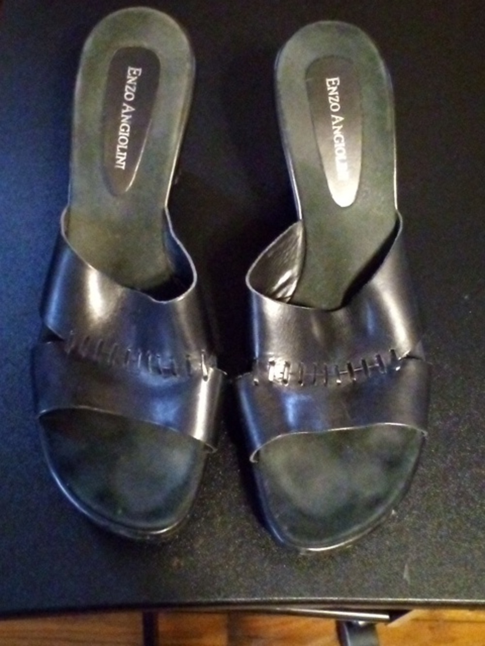 Enzo Angiolini Black Wedge Slide Sandals with Topstitch Detail